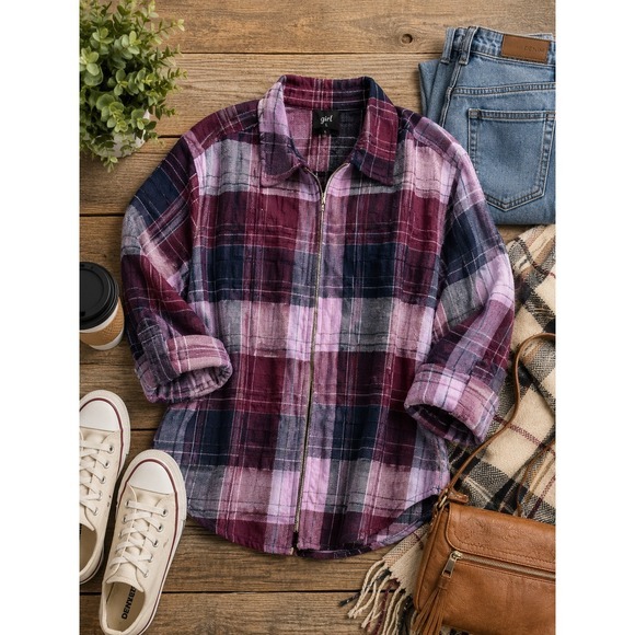 Giselle Apparel Tops - Plaid Zip Front Shirt Jacket Women's Large‎ Burgundy Pink Navy Cotton Grunge
